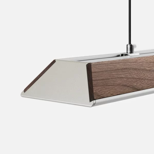 Close-up side view of alloy wood pendant lamp, made of alloy and walnut wood