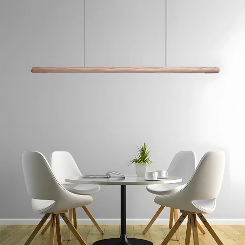 A round rod ash wood pendant light hangs from the ceiling of a conference room with a white table and four white chairs.