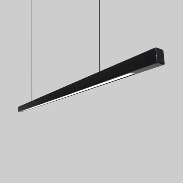 A close-up side view of a black pendant light, showcasing its exquisite lacquer finish.