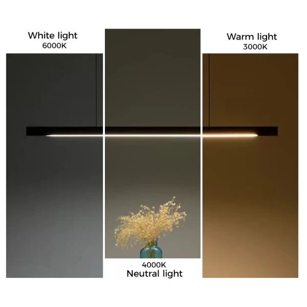 A linear pendant light is divided into three sections, displaying warm, neutral, and white light color temperatures.