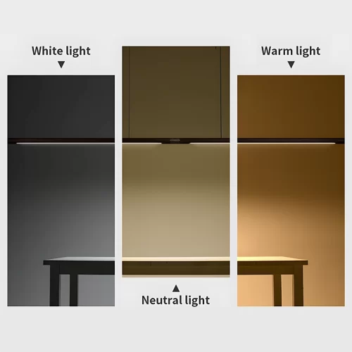 A linear pendant light divided into three sections, displaying warm, neutral, and cool white color temperatures.