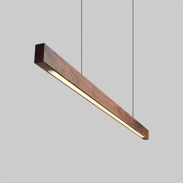 Close-up view of a high-power linear LED chandelier in walnut wood, showcasing a rich dark brown shade.