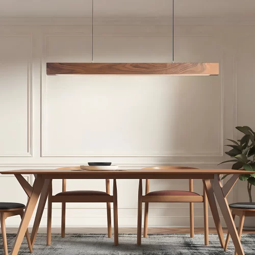 High power linear walnut wood suspension chandelier hangs from the ceiling above the dining table.