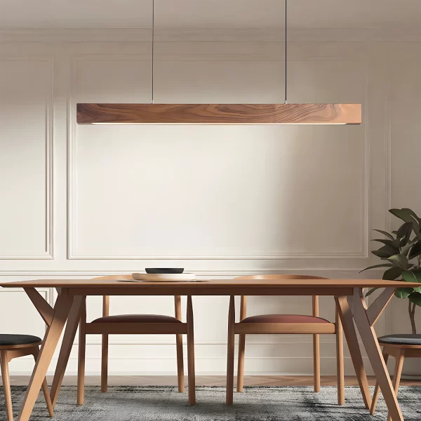 High power linear walnut wood suspension chandelier hangs from the ceiling above the dining table.