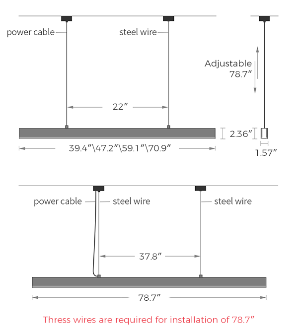 Industrial Alloy Wood Pendant Light Length 39.4"\47.2"\59.1"\70.9"\78.7", Width 1.57", Height 2.36"