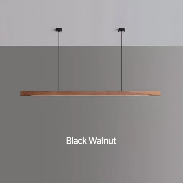 A black walnut pendant light is installed on the ceiling using a circular canopy, cables, and steel wires.