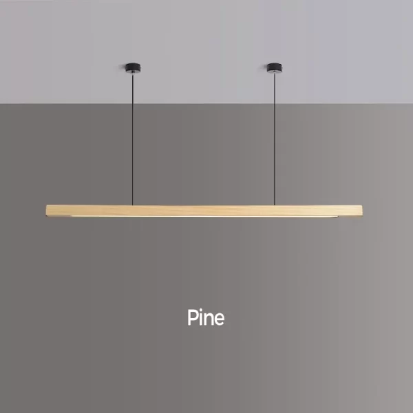 A pine wood pendant light is installed on the ceiling using a circular canopy, cables, and steel wires.