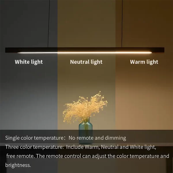 A linear pendant light divided into three sections, displaying warm, neutral, and cool white color temperatures.