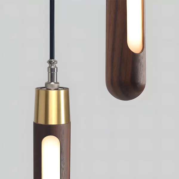 Vertical Walnut Wood Pendant Lamp featuring a brass-inlaid head and a rounded end design.