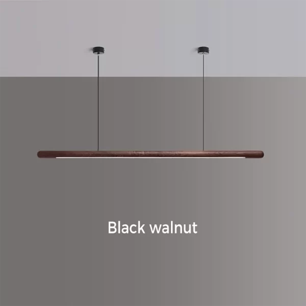 A walnut wood pendant light is installed on the ceiling using a circular canopy, cables, and steel wires.