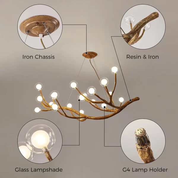 Antler Shape Personalized Hanging Chandelier Details, showing Iron Chassis, Glass Lampshade, G4 Lamp Holder, Resin finish