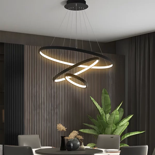 Modern Circle Rings Pendant Light hangs elegantly above the dinner table.