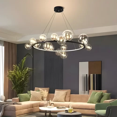 Black Transparent Glass Bubble Pendant Light hangs elegantly from the living room's ceiling.