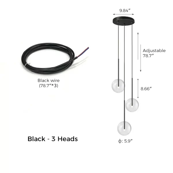 Black 3 Heads Glass Ball Pendant Light