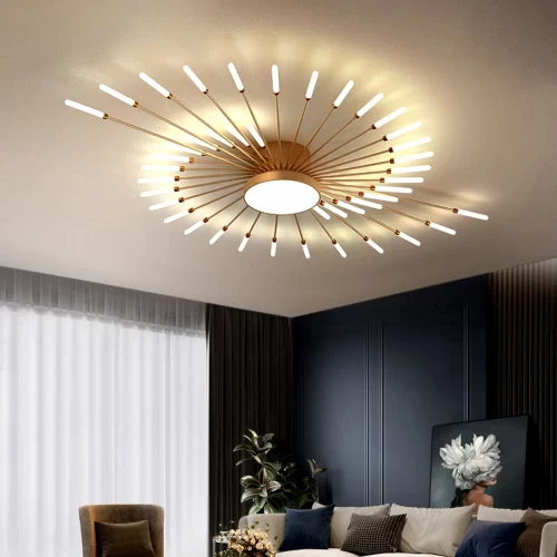 Gold Simple Creative Firework Ceiling Lights hangs elegantly from the ceiling in the living room.