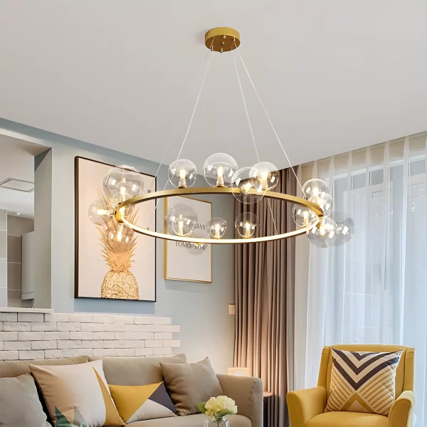 Gold Transparent Glass Bubble Pendant Light hangs elegantly from the living room's ceiling.