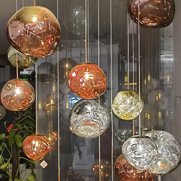 10 Irregular Lava Glass Pendant Lights of different colors hanging from the ceiling of the villa living room.