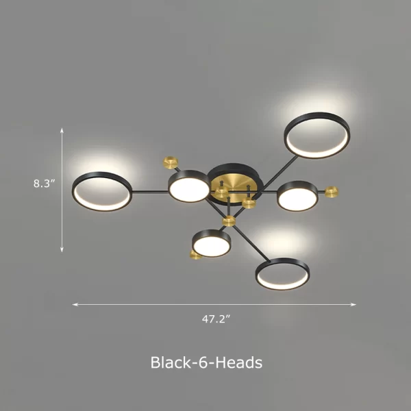 Modern Aluminum Rings Frame LED Ceiling Pendant Black 6 Heads Dimensions, Length 47.2inches, Height 8.3inches