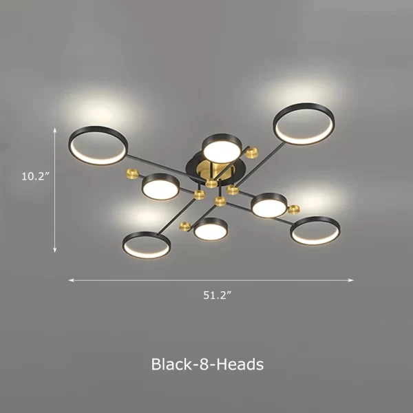 Modern Aluminum Rings Frame LED Ceiling Pendant Black 8 Heads Dimensions, Length 51.2inches, Height 10.2inches