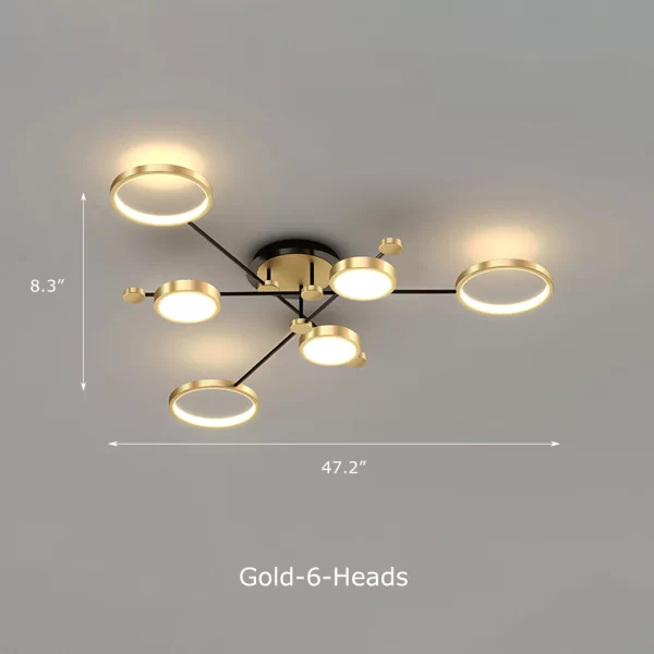 Modern Aluminum Rings Frame LED Ceiling Pendant Gold 6 Heads Dimensions, Length 47.2inches, Height 8.3inches