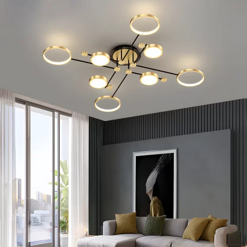 Gold 8 Heads Modern Aluminum Rings Frame LED Ceiling Pendant hangs from the living room's ceiling.