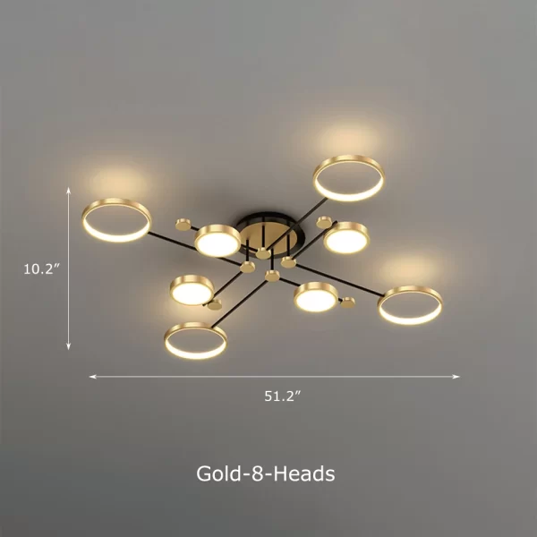 Modern Aluminum Rings Frame LED Ceiling Pendant Gold 8 Heads Dimensions, Length 51.2inches, Height 10.2inches