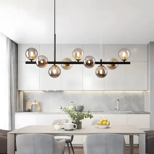 Modern Glass Sphere Chandelier Light Hangs Elegantly above the white dining table in the kitchen， Adding a touch of modern luxury atmosphere.