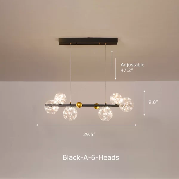 Black 6 Heads Linear Clear Glass Nordic Starry Sky LED Ceiling Chandelier Dimensions, length 29.5inches, Height 9.8inches.