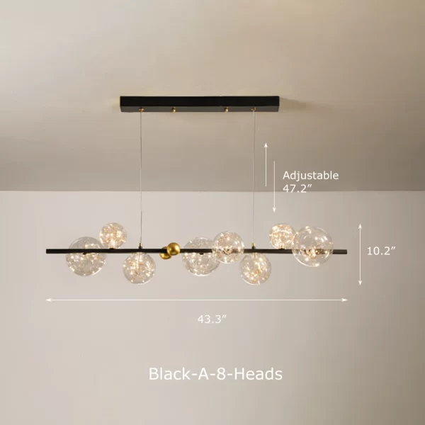 Black 8 Heads Linear Clear Glass Nordic Starry Sky LED Ceiling Chandelier Dimensions, length 44.3inches, Height 10.2inches.