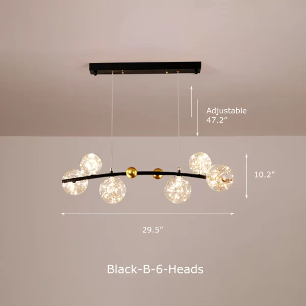 Black 6 Heads Curved Clear Glass Nordic Starry Sky LED Ceiling Chandelier Dimensions, length 29.5inches, Height 10.2inches.