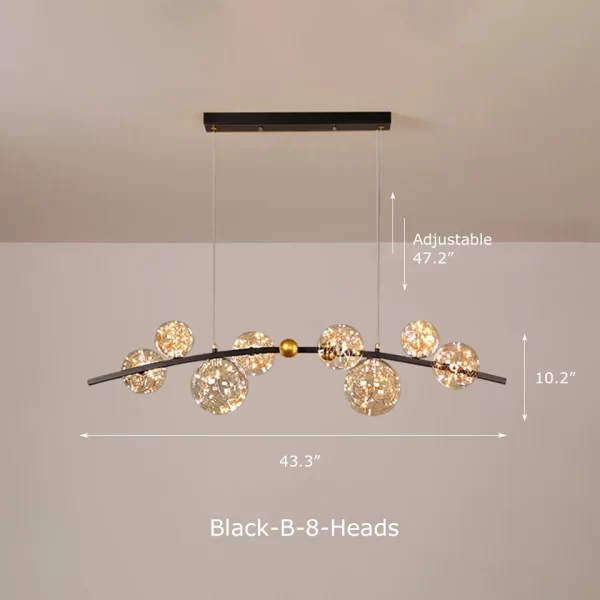 Black 8 Heads Curved Clear Glass Nordic Starry Sky LED Ceiling Chandelier Dimensions, length 44.3inches, Height 10.2inches.