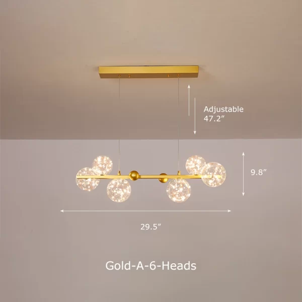 Gold 6 Heads Linear Clear Glass Nordic Starry Sky LED Ceiling Chandelier Dimensions, length 29.5inches, Height 10.2inches.