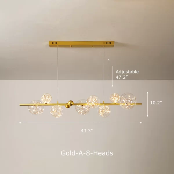 Gold 8 Heads Linear Clear Glass Nordic Starry Sky LED Ceiling Chandelier Dimensions, length 43.3inches, Height 10.2inches.