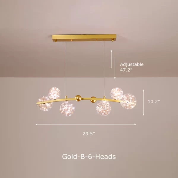 Gold 6 Heads Curved Clear Glass Nordic Starry Sky LED Ceiling Chandelier Dimensions, length 29.5inches, Height 10.2inches.