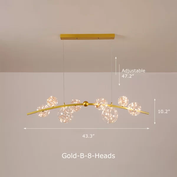 Gold 8 Heads Curved Clear Glass Nordic Starry Sky LED Ceiling Chandelier Dimensions, length 43.3inches, Height 10.2inches.