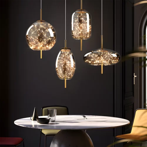 Personality Glass Star Pendant Light hangs elegantly above the round table and emits a warm glow.