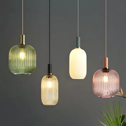 Retro Drum Glass Hanging Lights, Amber, Green, White, Grey