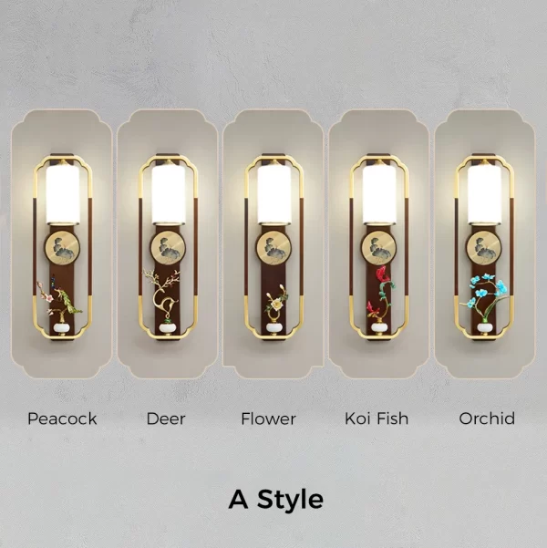 Chinese Style Classical Copper Wall Light A Style: Peacock, Deer, Flower, Koi Fish, Orchid.