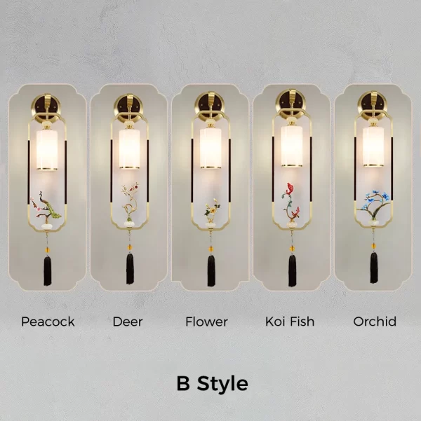 Chinese Style Classical Copper Wall Light B Style: Peacock, Deer, Flower, Koi Fish, Orchid.