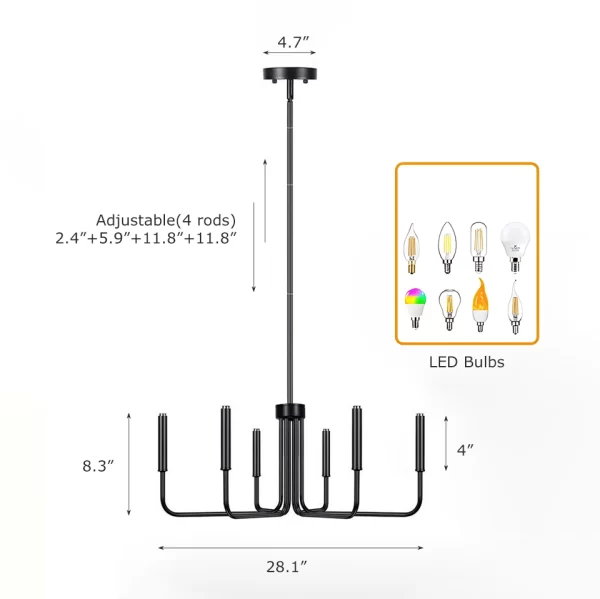 Black 6-Head Candle Chandelier dimensions, 28.1"W × 8.3"H. adjustable height, included 4 rods(2.4", 5.9", 11.8" × 2).