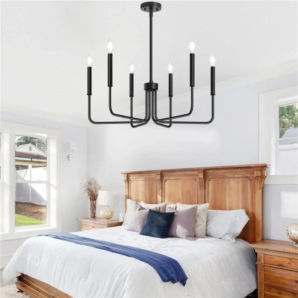 Black 6-head Candle Chandelier hangs elegantly from the ceiling of the bedroom.