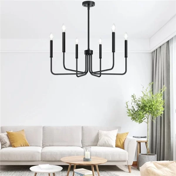 Black 6-head Candle Chandelier hangs elegantly from the ceiling of the living room.