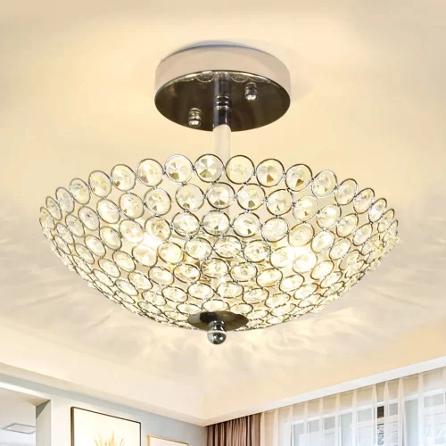 Modern 2-Light Crystal Ceiling Light, Semi Flush Mount for Bedroom.