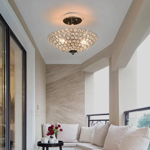 Modern 2-Light Crystal Ceiling Light elegantly hangs from the ceiling of the balcony.