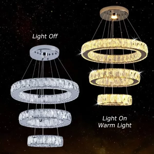 Modern LED Crystal Ring Pendant Light Lighting Effect, showing warm light