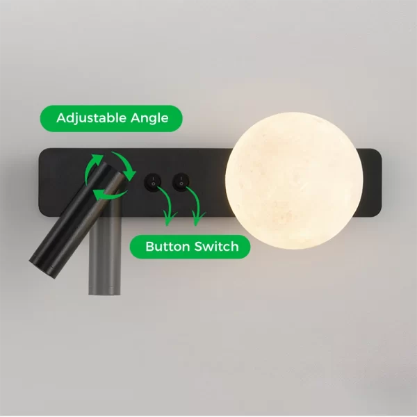 Modern Minimalist Creative Moon Wall Lamp Features: adjustable angle and button switch.