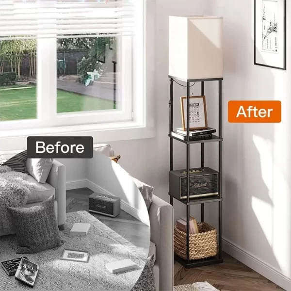 A comparison of the Modern Square Standing Lamp with shelves before and after use shows that space becomes cleaner.