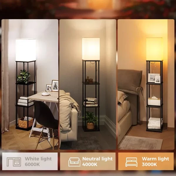 Modern Square Standing Lamp with Shelves Color Temperature, white light 6000K, neutral light 4000K, warm light 3000K.