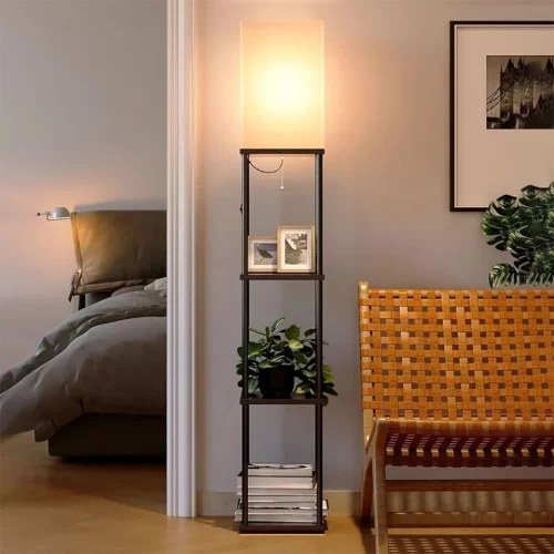 Modern Square Standing Lamp with Shelves, Corner Display Bookshelf Lamp for Living Room and Bedroom(Black)