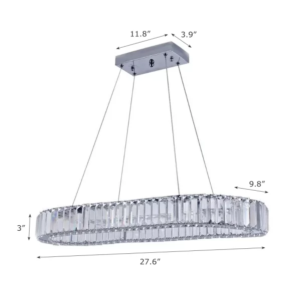 Oval Modern LED Crystal Ring Pendant Light Dimensions, 9.8"D x 27.6"W x 3"H